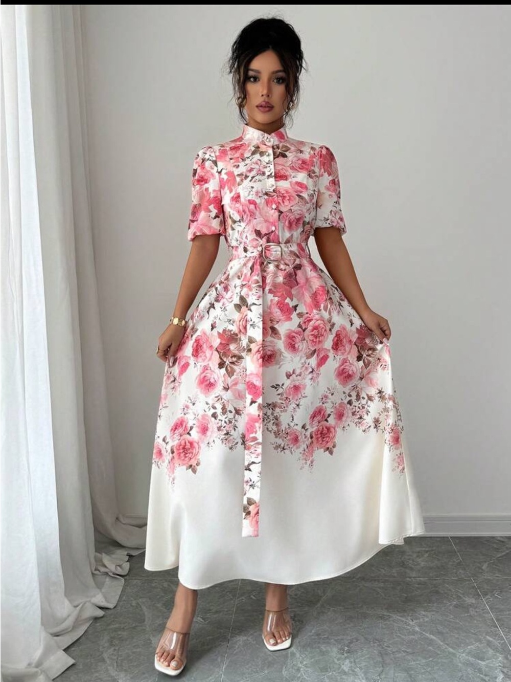 Floral Belted Midi Dress in Pink and White